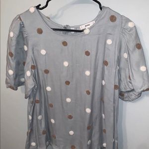 Mine Light Green Blouse with White and Brown Textured Polka Dots